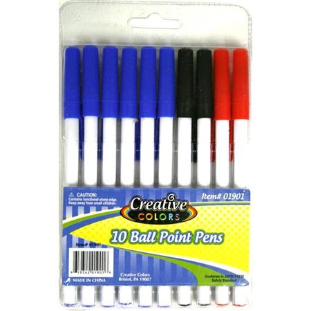 BULK Carton 10 Count Ball Point Stick Pens with Assorted Blue, Black and Red Colors.- Minimum Order 1 Case Of 48